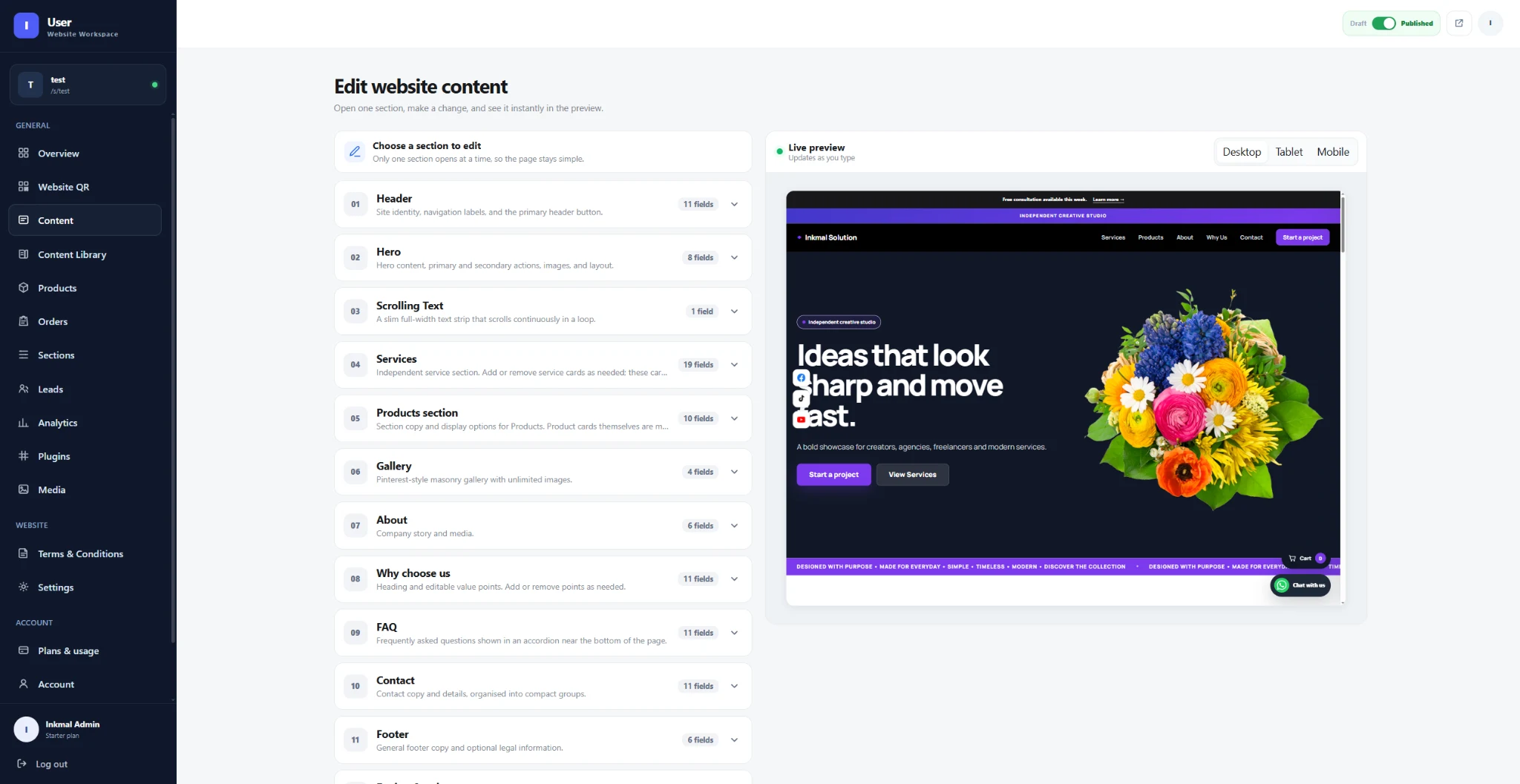 Inkmal website editor with section controls and a live website preview